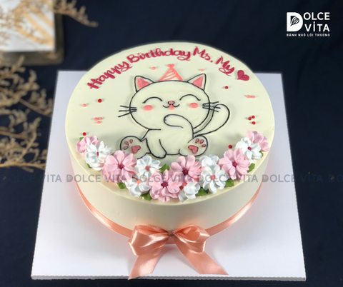 [168] (50) Bánh sinh nhật vẽ chú Mèo và hoa hồng - Ngọt ngào và đáng yêu
