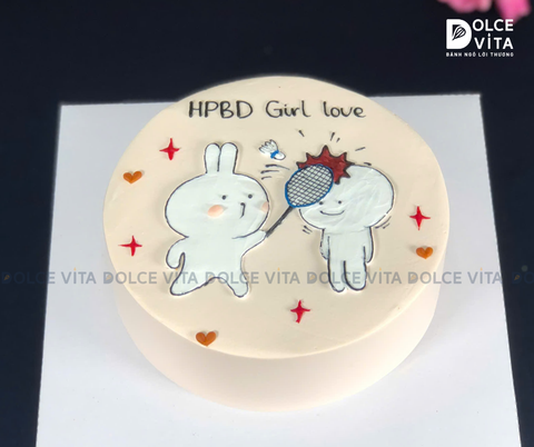 [1568] (70) Bánh Kem Vẽ Hình 2 Chú Thỏ Bảy Màu Chơi Cầu Lông – Món Quà Hài Hước Cho Dịp Đặc Biệt