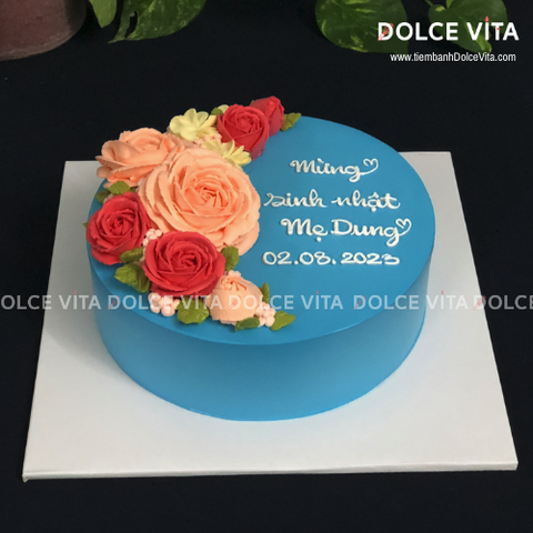 [1647] (80) Bánh kem hoa nền xanh dương  tặng cho Mẹ/ phái nữ