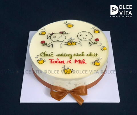 753 (30) Green Tea Lemon (Bánh mousse trà xanh chanh) vẽ hình hài hước cầm hoa, bia.