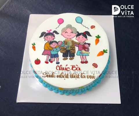 [968] (150)  Bánh kem vẽ hình bà và các cháu – Món quà sinh nhật tặng bà