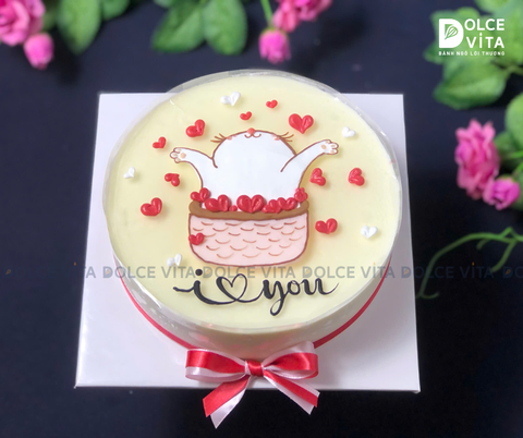 1113 (30) Green Tea Lemon (Bánh mousse trà xanh chanh) vẽ hình chú mèo thả tim đáng yêu