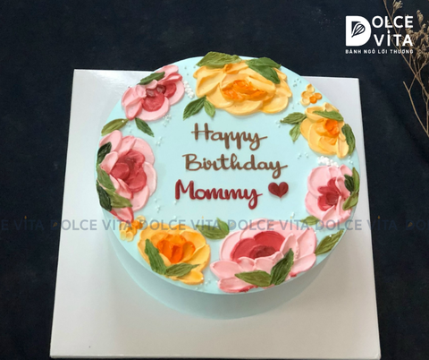 [1290] (70) Bánh kem vẽ hoa nền xanh dương