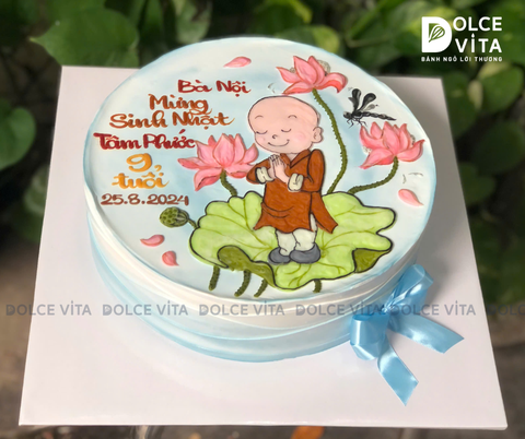 [539] (100) Bánh vẽ chú tiểu và hoa sen - lời chúc an yên cho Phật tử