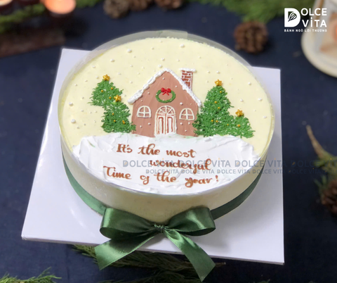 N401 (30-50-70-90) Mousse bắp vẽ ngôi nhà và cây thông Giáng sinh (Christmas cake /Bánh giáng sinh/ Noel)