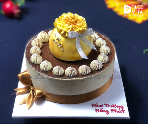 1118 (90/90/250) Bánh tiramisu trang trí túi tiền/ hũ vàng