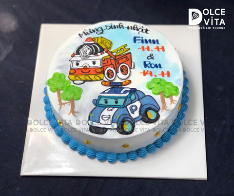 969 (100) Bánh kem vẽ xe cứu hỏa và xe cảnh sát