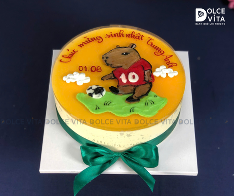 [1778] (80) Bánh mousse chanh dây vẽ hình Capybara Đá Bóng – Cho Bé Trai Mê Bóng và Capybara