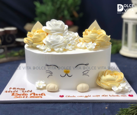 1023 (85) Bánh bắt hoa tạo hình mèo, tông hồng cho bé trai và bé gái