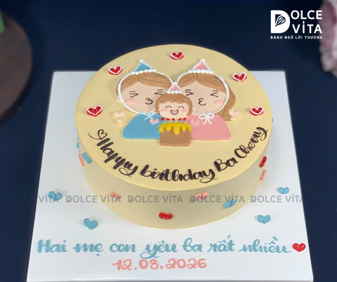 [3139] (80) Bánh Sinh Nhật Vẽ Gia Đình Theo Phong cách Chibi Dễ Thương