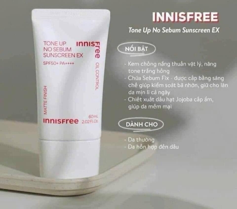Kem chống nắng nâng tông INNISFREE Tone Up No Sebum Sunscreen EX SPF 50+ PA++++ 60 mL