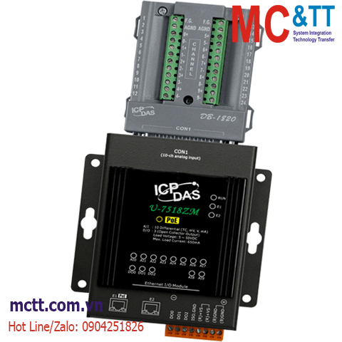 Module Ethernet OPC UA + MQTT 10 kênh Thermocouple AI + 3 kênh DO ICP DAS U-7518ZM/S CR