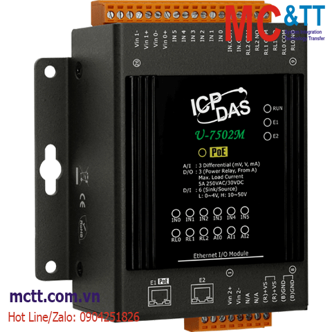 Module Ethernet OPC UA + MQTT 3 kênh AI + 6 kênh DI + 3 kênh Relay ICP DAS U-7502M CR