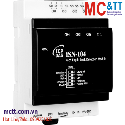 Module 4 kênh phát hiện dò rỉ chất lỏng đầu ra cảnh báo RS-485 Modbus RTU ICP DAS iSN-104 CR