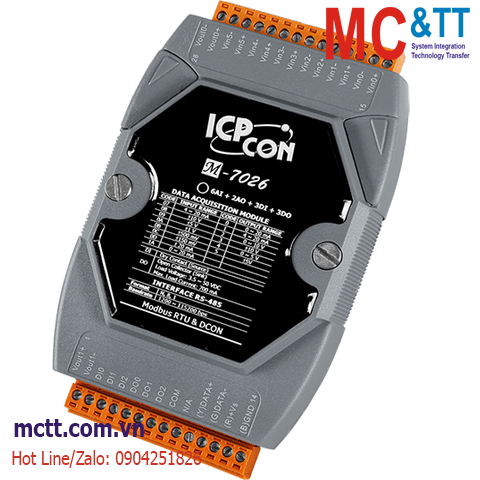Module RS-485 Modbus RTU 6 kênh AI + 2 kênh AO + 3 kênh DI + 3 kênh DO ICP DAS M-7026-G CR