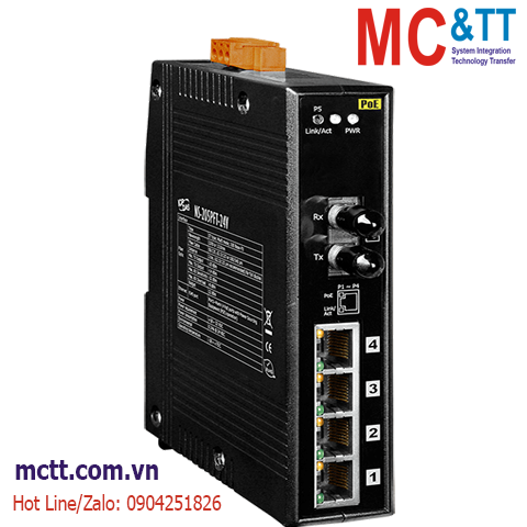 Switch công nghiệp 4 cổng PoE Ethernet + 1 cổng Quang (Dual Fiber, Multi Mode, ST, 2KM) ICP DAS NS-205PFT-24V CR