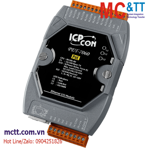 Module PoE Ethernet Modbus TCP 6 kênh DI+6 kênh đầu ra Relay ICP DAS PET-7060 CR