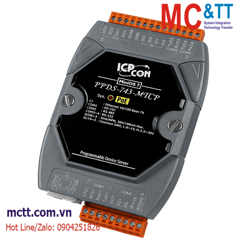 Bộ chuyển đổi Modbus Gateway 3 cổng RS-232 +1 cổng RS-485 + 4xDI + 4xDO sang Ethernet ICP DAS PPDS-743-MTCP CR