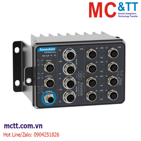Switch công nghiệp EN50155 quản lý 8 cổng Ethernet M12 + 4 cổng Gigabit Bypass M12 3onedata TNS5500D-8T4GT-P24