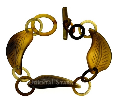 Carved horn chain bangle bracelet leave shaped