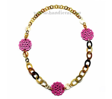 Oval horn  link with pink lacquer flowers
