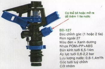 Béc tưới chỉnh góc BB127 2 tia RN27