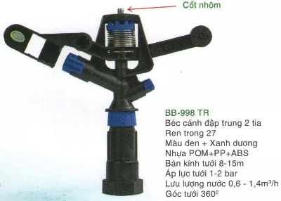 Béc tưới BB 998 TR cánh đập 2 tia RT27
