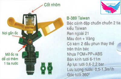 Béc tưới BB 389 Taiwan cánh đập 2 tia RN21