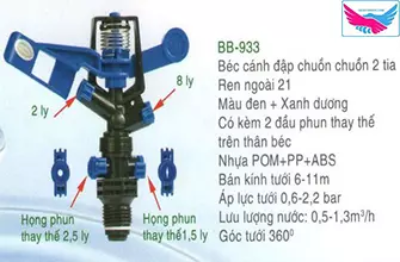 Béc tưới BB 933 cánh đập 2 tia RN21