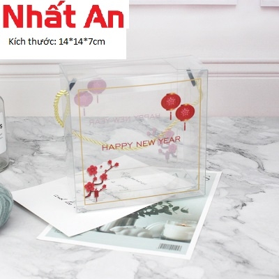 Hộp nhựa vuông đựng bánh kẹo Tết 14x7cm - Happy New Year