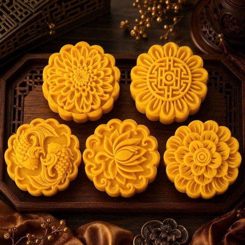 Khuôn trung thu 5 mặt tròn song ngư lộc thọ 150gr - 180gr
