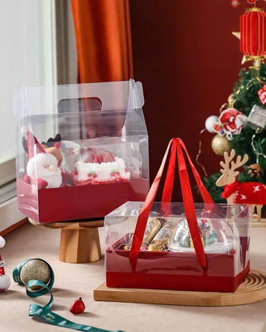 Hộp giáng sinh Noel quai xách màu đỏ kẻ dạ