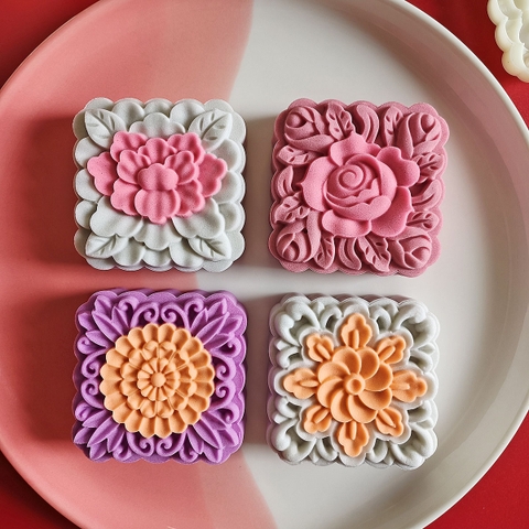 Khuôn trung thu vuông 4 mặt hoa 3D 150gr - 180gr