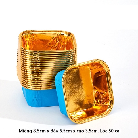 Cup giấy / chén giấy cupcake vuông màu xanh dương vàng ánh kim 50 cái