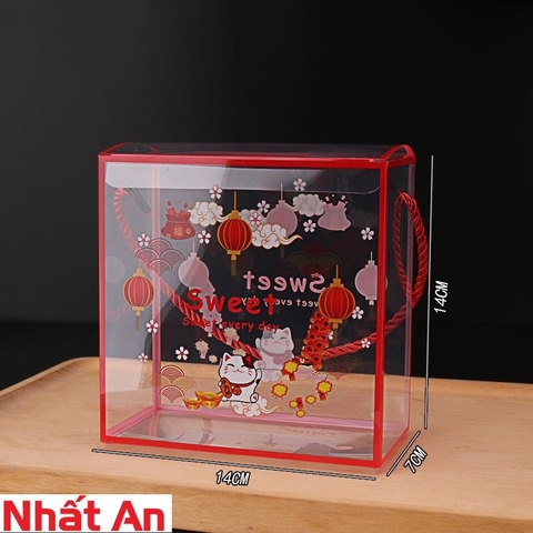 Hộp nhựa vuông đựng bánh kẹo Tết 14x7cm - mèo