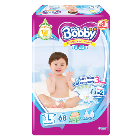 Bỉm tã dán Bobby siêu thấm size L, 68 miếng (9-13kg) (giao bao bì ngẫu nhiên)