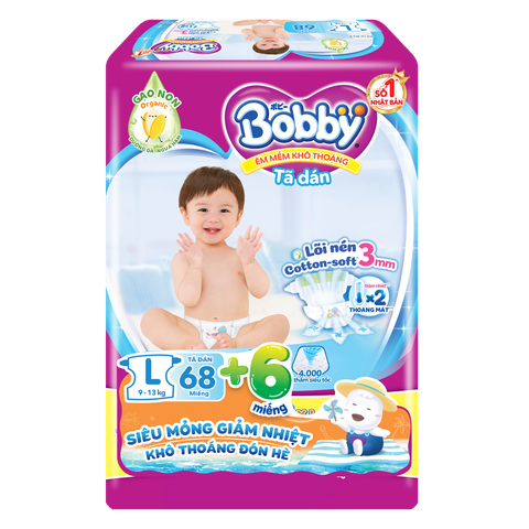 Bỉm tã dán Bobby siêu thấm size L, 68 miếng (9-13kg) (giao bao bì ngẫu nhiên)