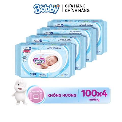 Bộ 4 gói Khăn ướt Bobby không mùi 100 tờ/gói