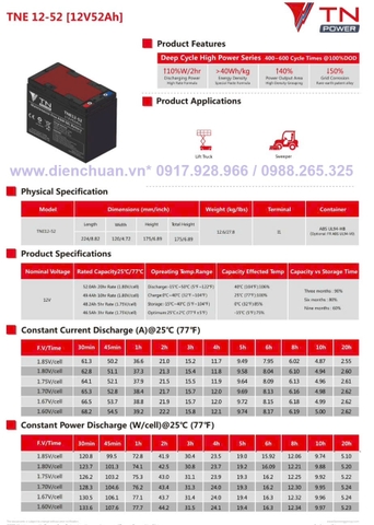 Ắc quy Tianneng TNE12-52 ( 12V-52Ah)