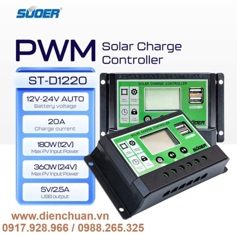 Điều khiển sạc năng lượng mặt trời 20A 12V/24V Suoer ST-D1220
