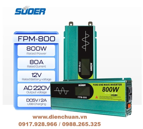 Kích điện sin chuẩn/ biến tần inverter sin chuẩn 800W-12V Suoer FPM-800
