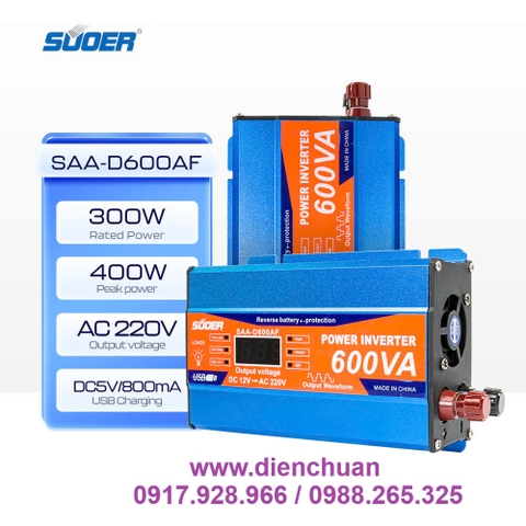 Máy kích điện 12V lên 600VA 220V/ biến tần 12V sang 220V 600VA ( tải liên tục 300W) - SUOER SAA-D600A