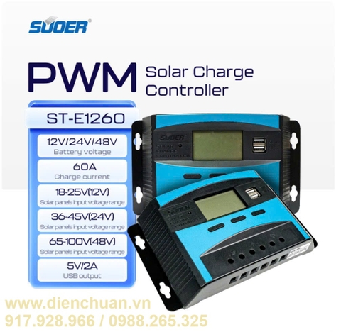 Điều khiển sạc năng lượng mặt trời 60A 12V/24V/48V Suoer ST-E1260