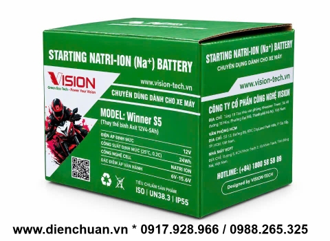 Ắc quy xe máy Natri-Ion 12V-24Wh Vision S5 bình lùn dùng cho xe Exciter, wave alpha đời sau, air blade 110.