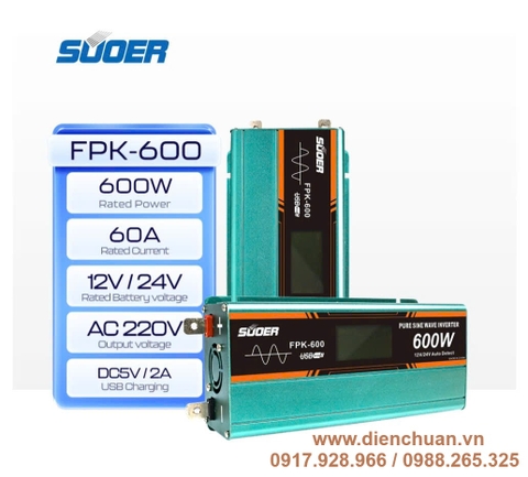 Kích điện sin chuẩn/ biến tần inverter sin chuẩn 600W-12V/24V Suoer FPK-600