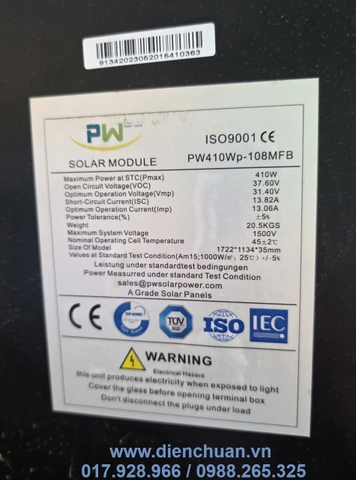 Tấm pin năng lượng mặt trời 410w điện áp 31.4V hở mạch 37.6V ( màu đen)