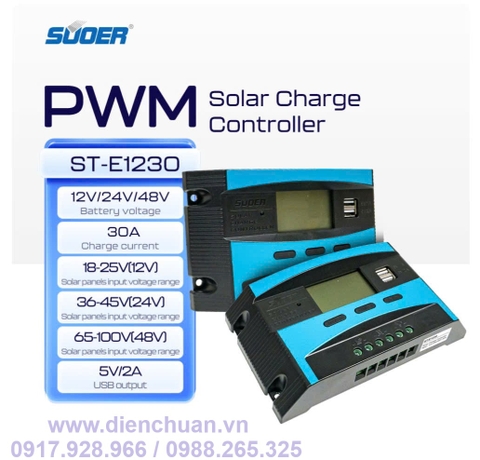 Điều khiển sạc năng lượng mặt trời 30A 12V/24V/48V Suoer ST-E1230