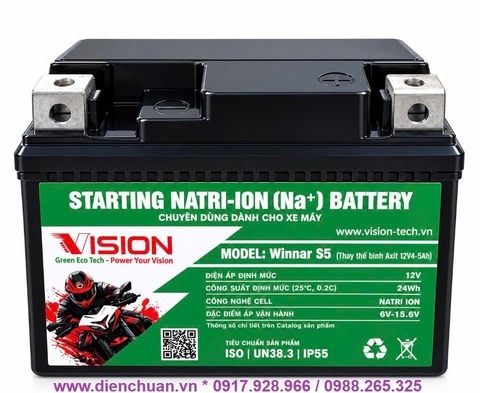 Ắc quy xe máy Natri-Ion 12V-24Wh Vision S5 bình lùn dùng cho xe Exciter, wave alpha đời sau, air blade 110.