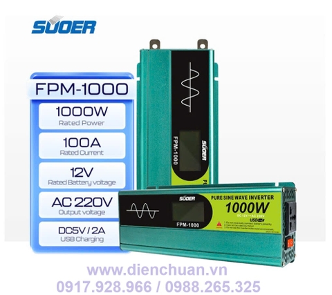 Kích điện sin chuẩn/ biến tần inverter sin chuẩn 1000W-12V Suoer FPM-1000