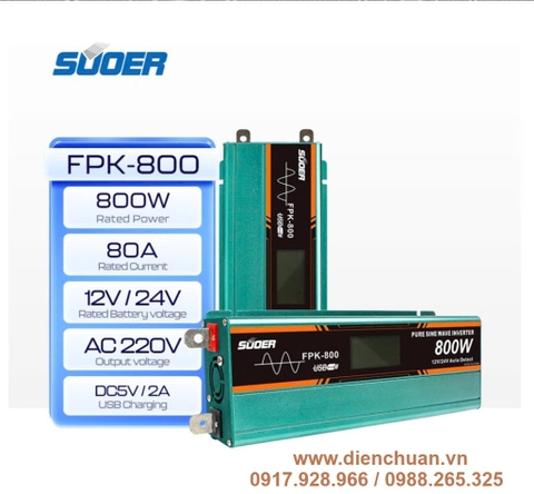 Kích điện sin chuẩn/ biến tần inverter sin chuẩn 800W-12V/24V Suoer FPK-800